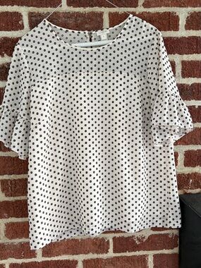 J. Crew Cream Blouse with Black Polka Dots and Ruffle Sleeves